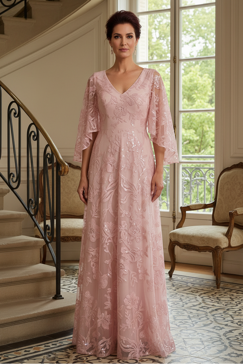 Embroidered A-Line Evening Gown with Flutter Sleeves