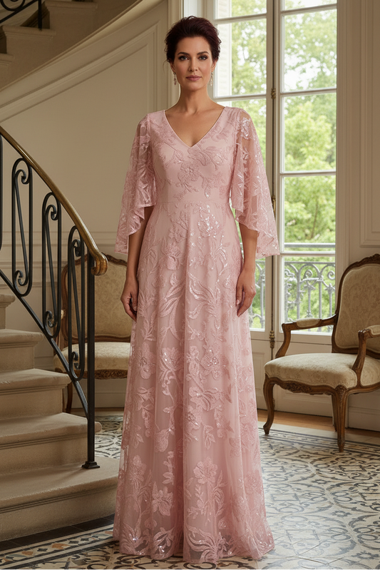Embroidered A-Line Evening Gown with Flutter Sleeves