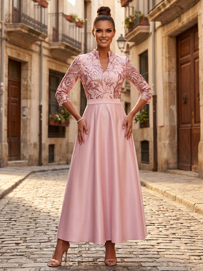 A-Line Satin and Sequin Evening Gown with 3/4 Sleeves