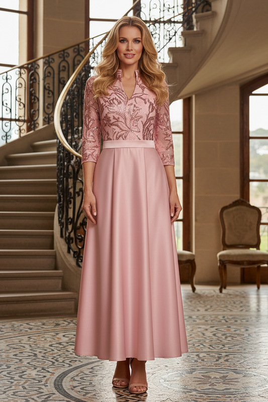 A-Line Satin and Sequin Evening Gown with 3/4 Sleeves