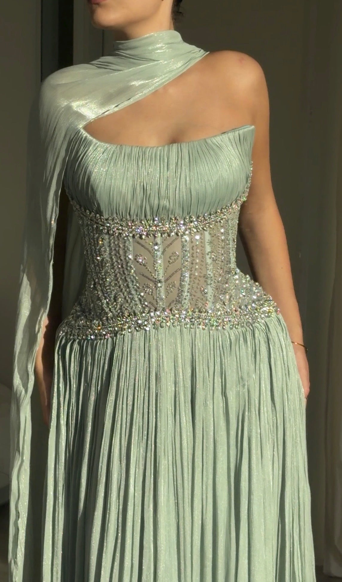 Corset Pleated Evening Gown with Neck Drape
