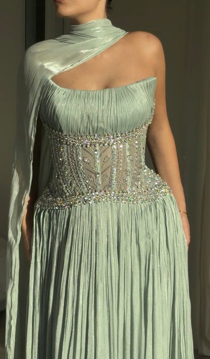 Corset Pleated Evening Gown with Neck Drape