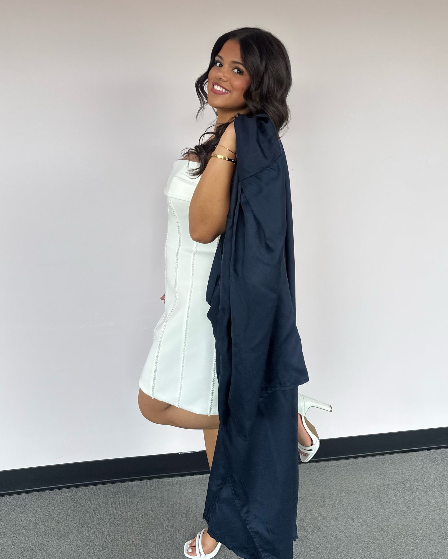 Off-the-Shoulder Pearl Embellished Mini Dress