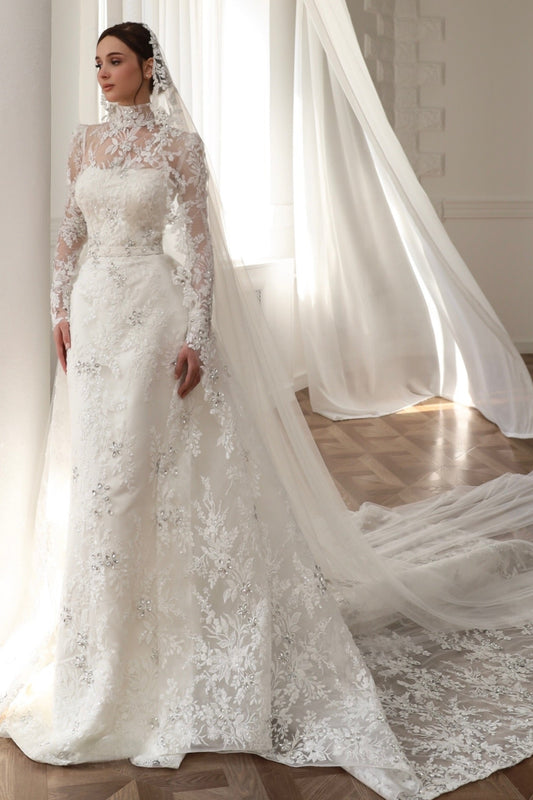 High Neck Lace Long Sleeve Wedding Dress with Train