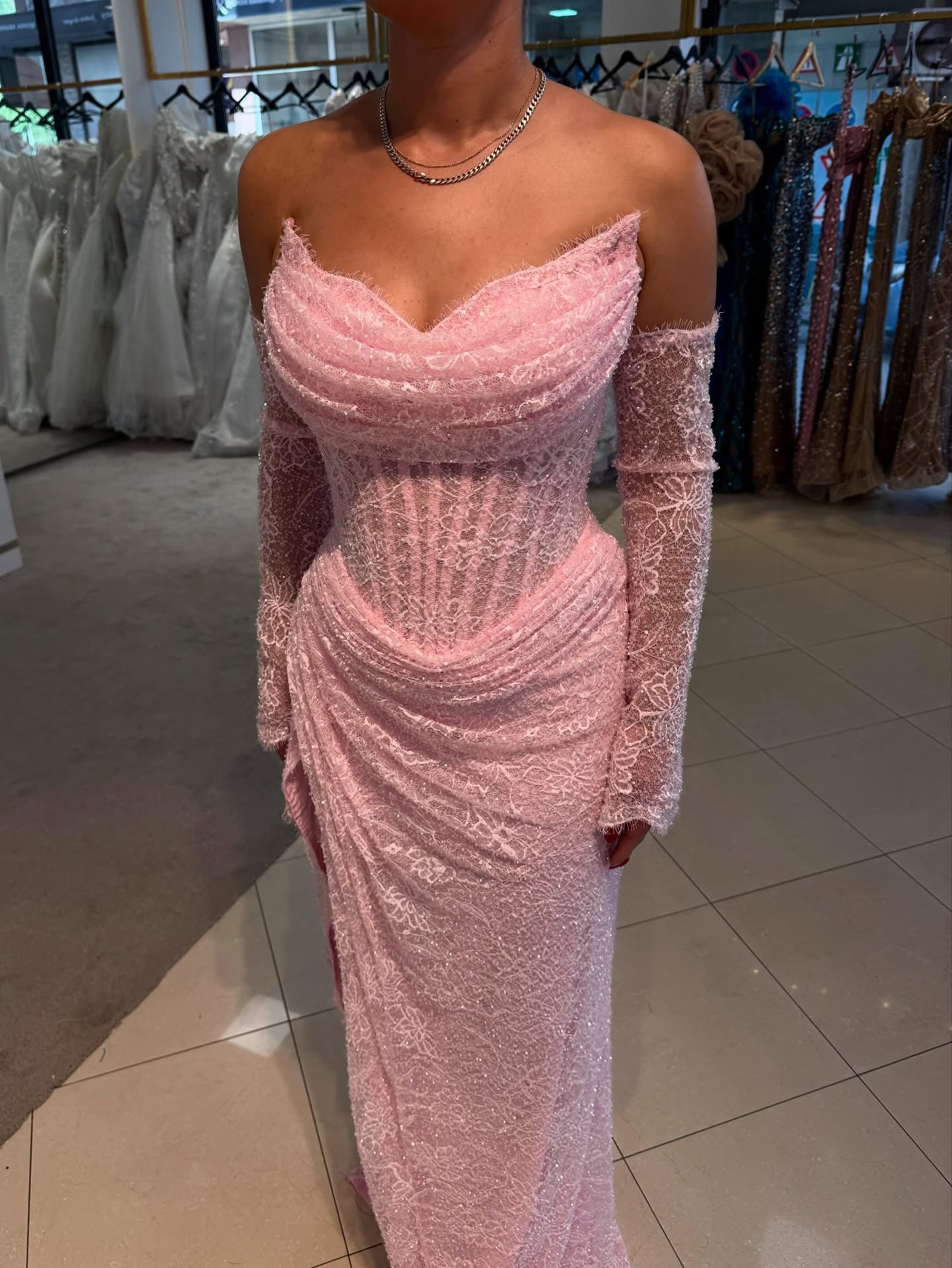 Corset Lace Gown with Cowl Neck & Long Sleeves