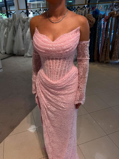 Corset Lace Gown with Cowl Neck & Long Sleeves