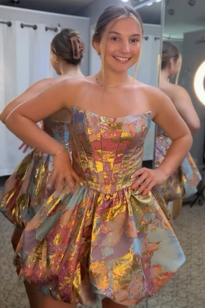 Strapless Metallic Bubble Skirt Mini Dress