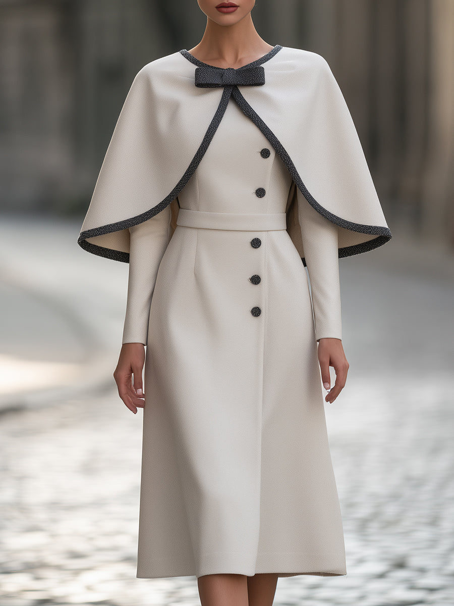 A-Line Midi Dress with Capelet and Contrast Trim
