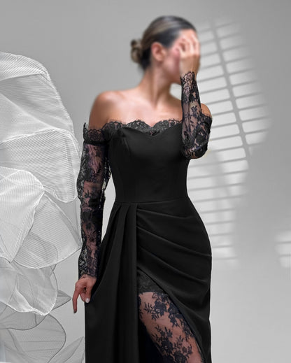 Off-the-Shoulder Lace Sleeve Satin Gown with High Slit