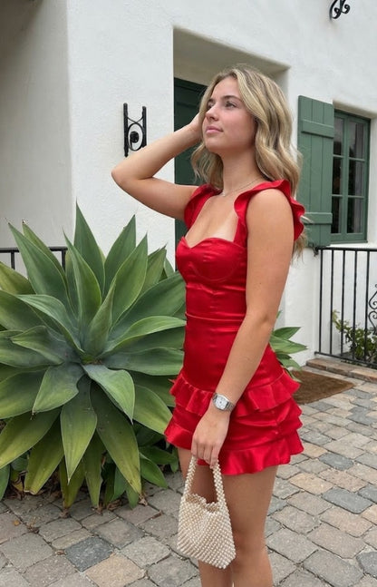 Ruffled Satin Mini Dress with Lace-Up Back