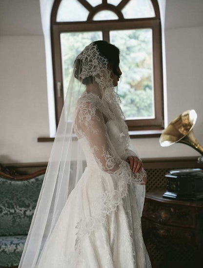 Elegant High-Neck Lace A-Line Wedding Dress
