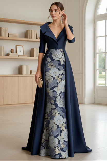 Navy Blue Jacquard Floral Mermaid Gown with Dramatic Overskirt | Mother of the Bride Dress