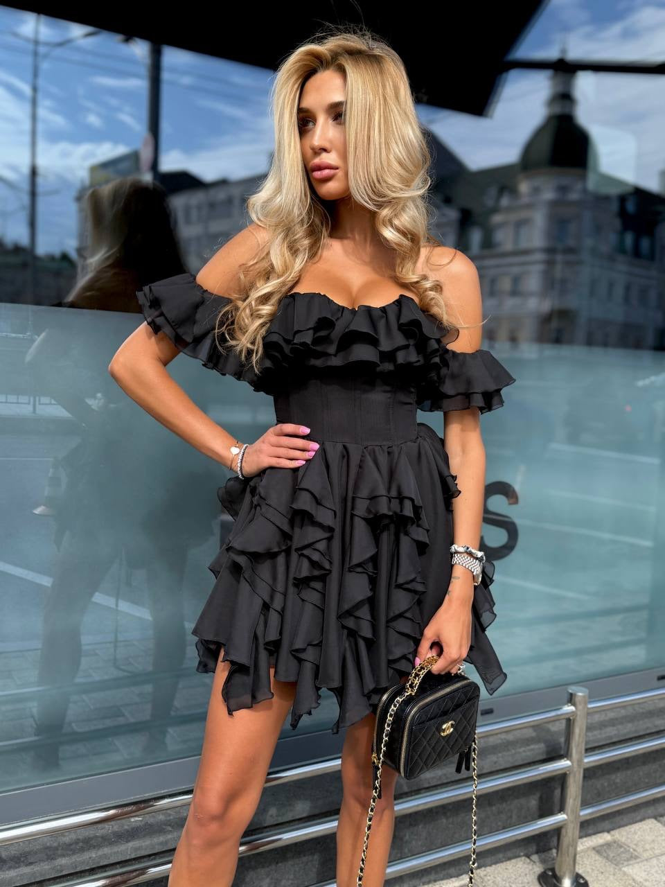 Corset Tiered Ruffle Off-the-Shoulder Mini Dress