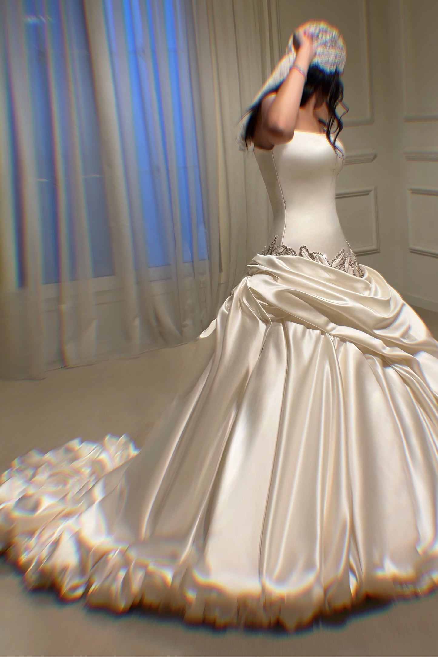 Strapless Satin Ball Gown Wedding Dress with Pick-Up Skirt