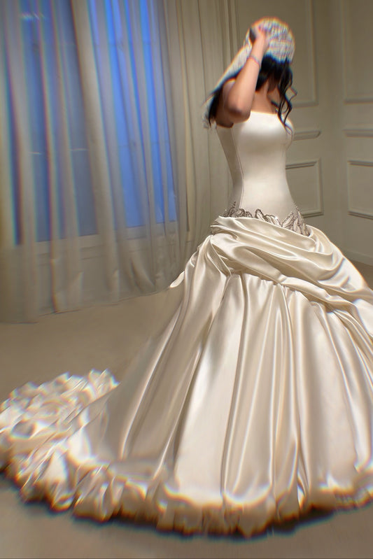 Strapless Satin Ball Gown Wedding Dress with Pick-Up Skirt