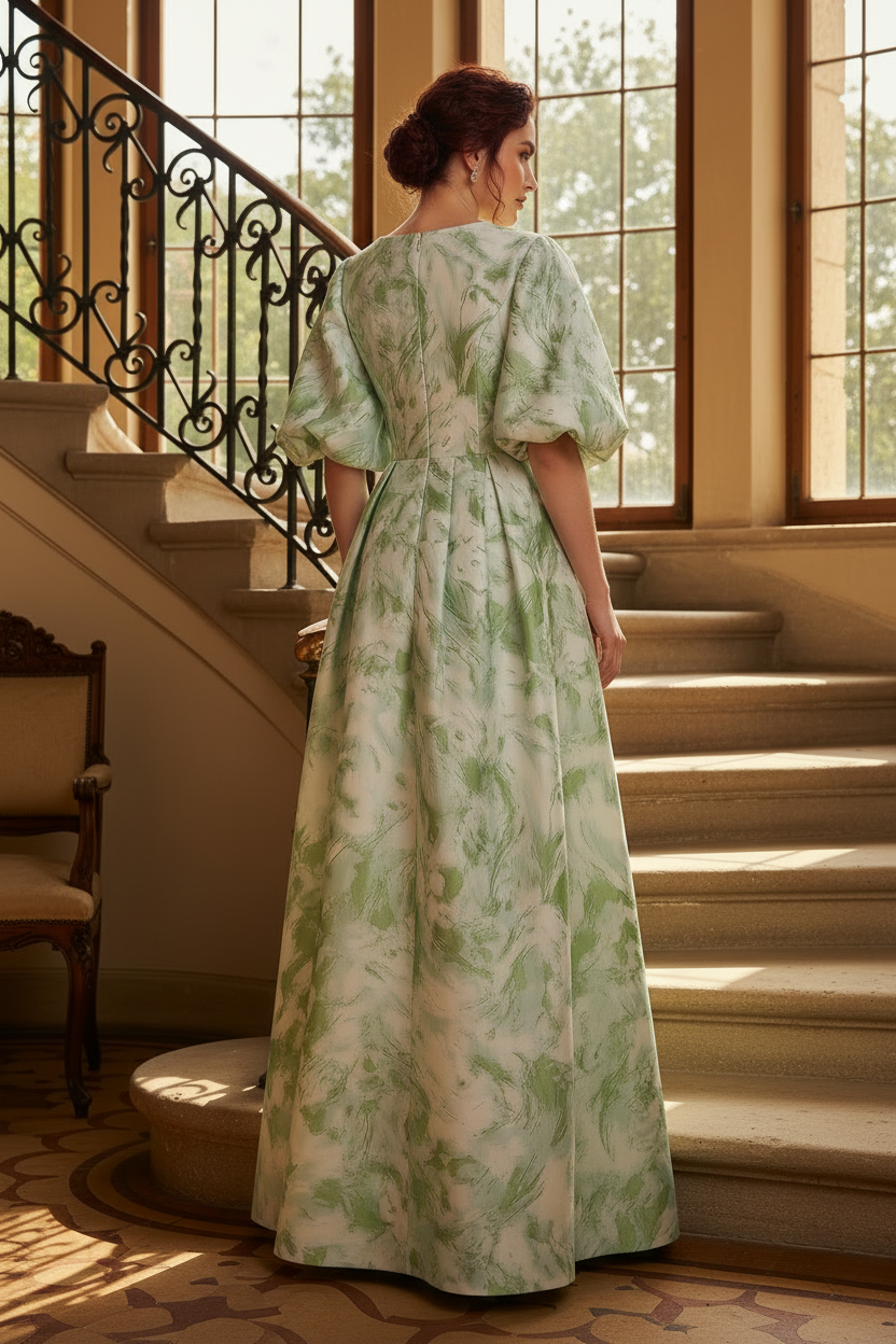 Pleated Jacquard Puff Sleeve Evening Dress