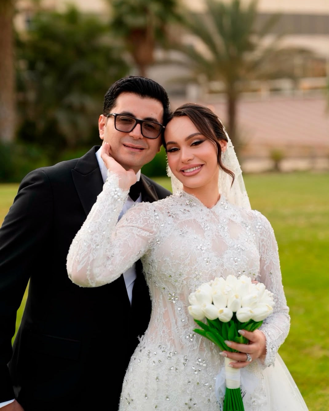 High Neck Long Sleeve Lace Wedding Dress with Overskirt