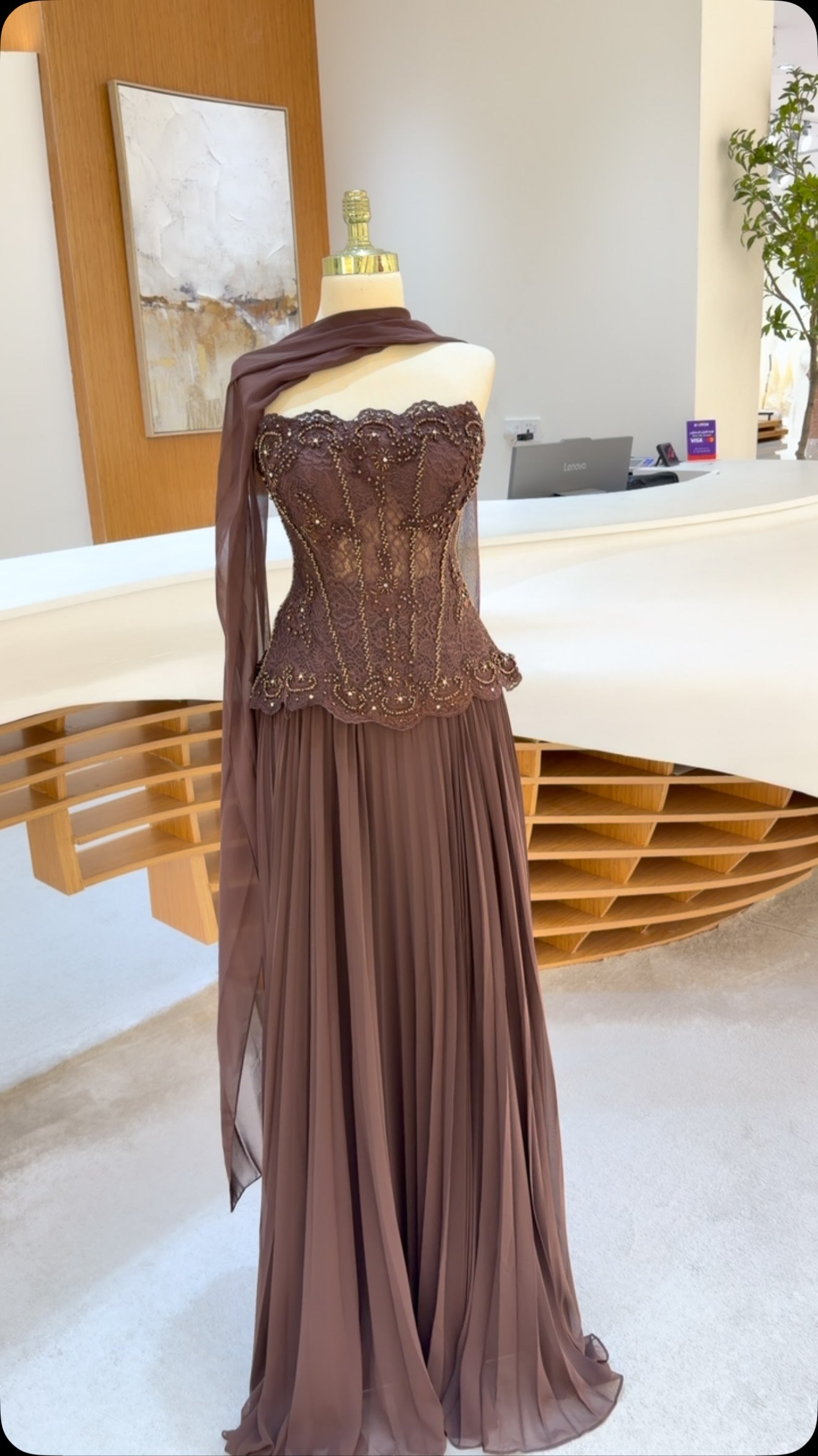 Strapless Beaded Corset Gown with Pleated Skirt