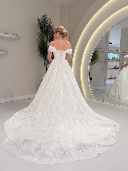 Off-the-Shoulder Lace Ball Gown Wedding Dress