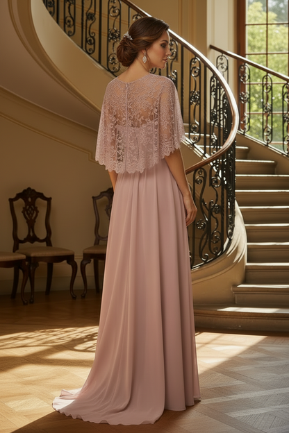 A-Line Chiffon Mother of the Bride Dress with Lace Cape