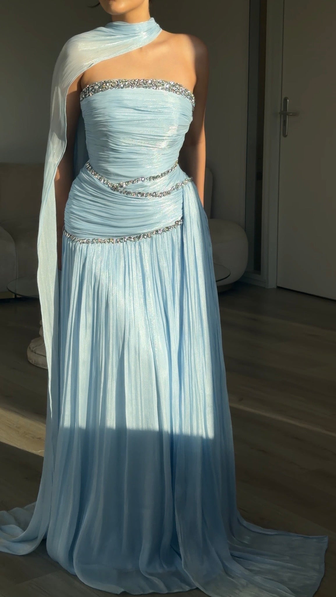 Ruched Column Gown with Draped Cape and Crystal Trim
