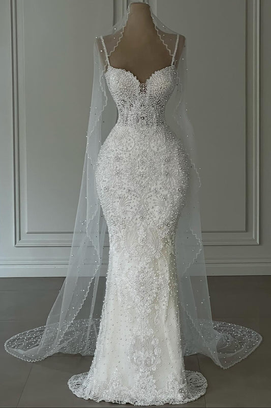 Beaded Pearl Mermaid Wedding Dress with Veil