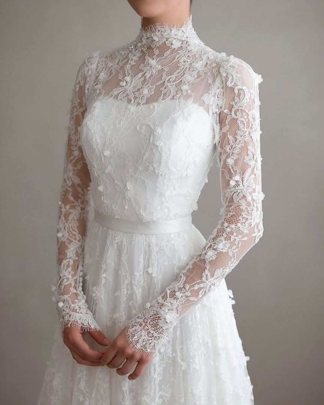 High Neck Lace Long Sleeve Wedding Dress