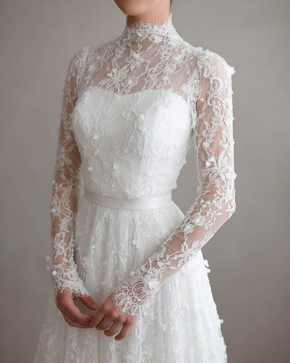 High Neck Lace Long Sleeve Wedding Dress