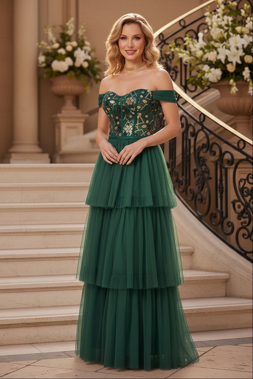 Off-Shoulder Tiered Tulle Evening Gown with Sequin Bodice