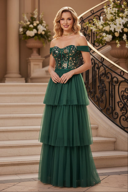 Off-Shoulder Tiered Tulle Evening Gown with Sequin Bodice