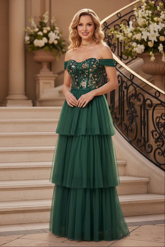 Off-Shoulder Tiered Tulle Evening Gown with Sequin Bodice