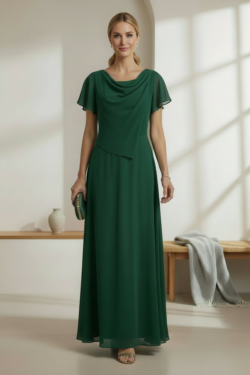 Emerald Green Cowl Neck Flutter Sleeve Chiffon A-Line Mother of the Bride Dress