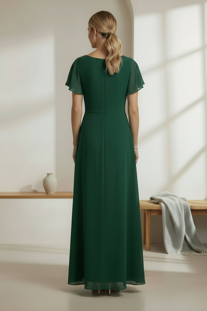 Emerald Green Cowl Neck Flutter Sleeve Chiffon A-Line Mother of the Bride Dress