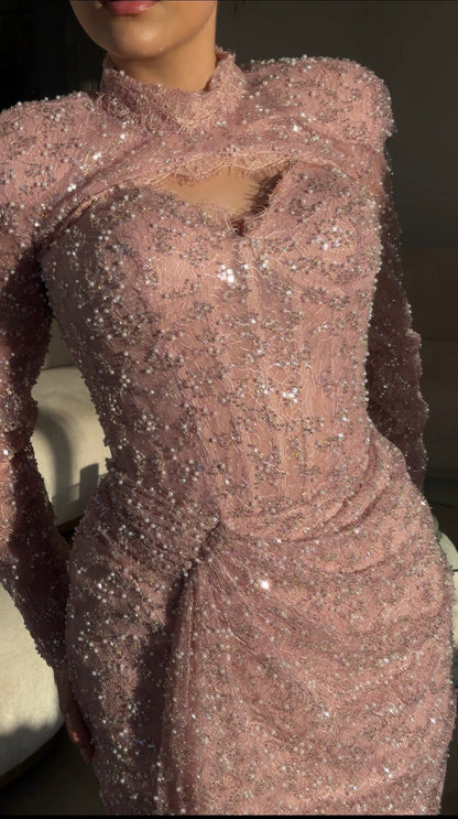 Beaded Cutout High Neck Long Sleeve Evening Gown