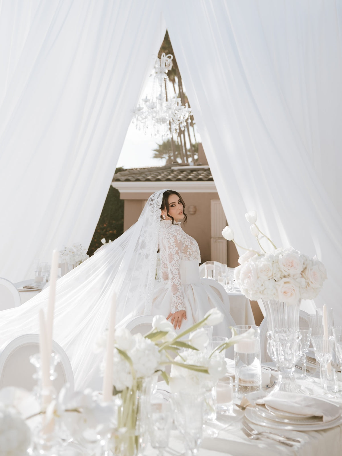 High Neck Lace Bodice Satin Ball Gown Wedding Dress