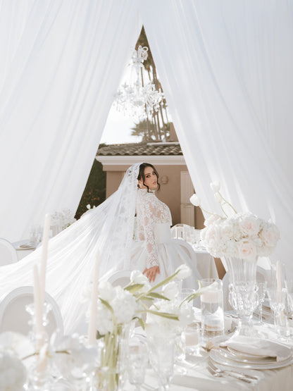 High Neck Lace Bodice Satin Ball Gown Wedding Dress