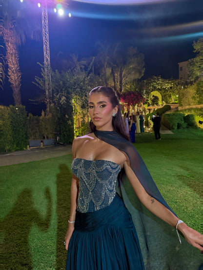 Strapless Beaded Corset Gown with Scarf