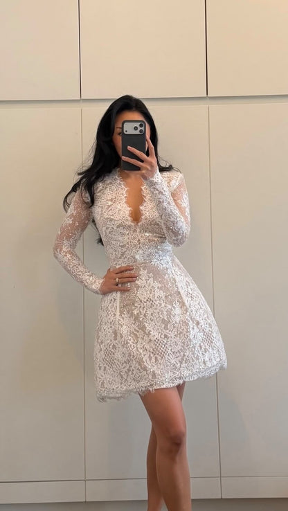 Long Sleeve Deep V-Neck Lace Mini Dress