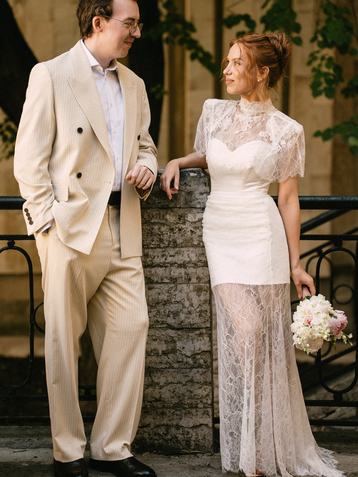 High-Neck Lace Sheath Wedding Dress with Sheer Skirt