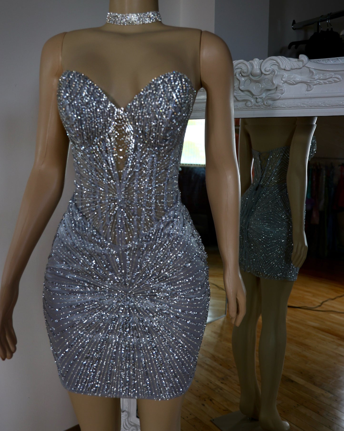 Crystal Embellished Strapless Corset Mini Dress