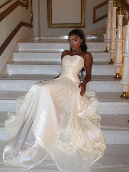 Strapless Ruched Bodice Shimmer Evening Gown