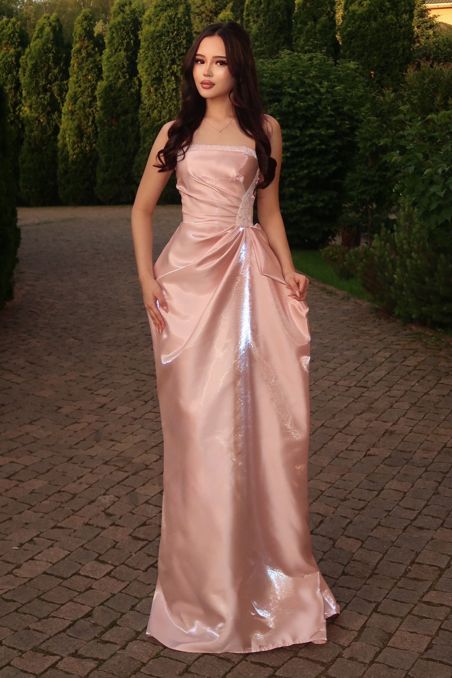 Strapless Satin Corset Evening Gown with Side Draping