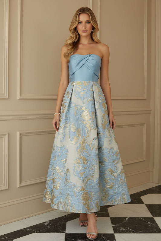 Strapless Metallic Jacquard Pleated A-Line Dress