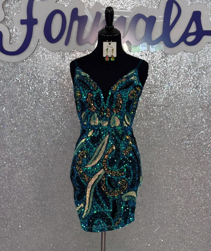 Patterned Sequin V-Neck Bodycon Mini Dress