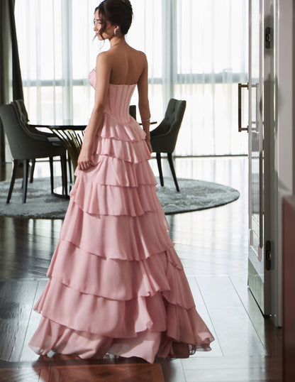 Strapless Tiered Ruffle Corset Gown