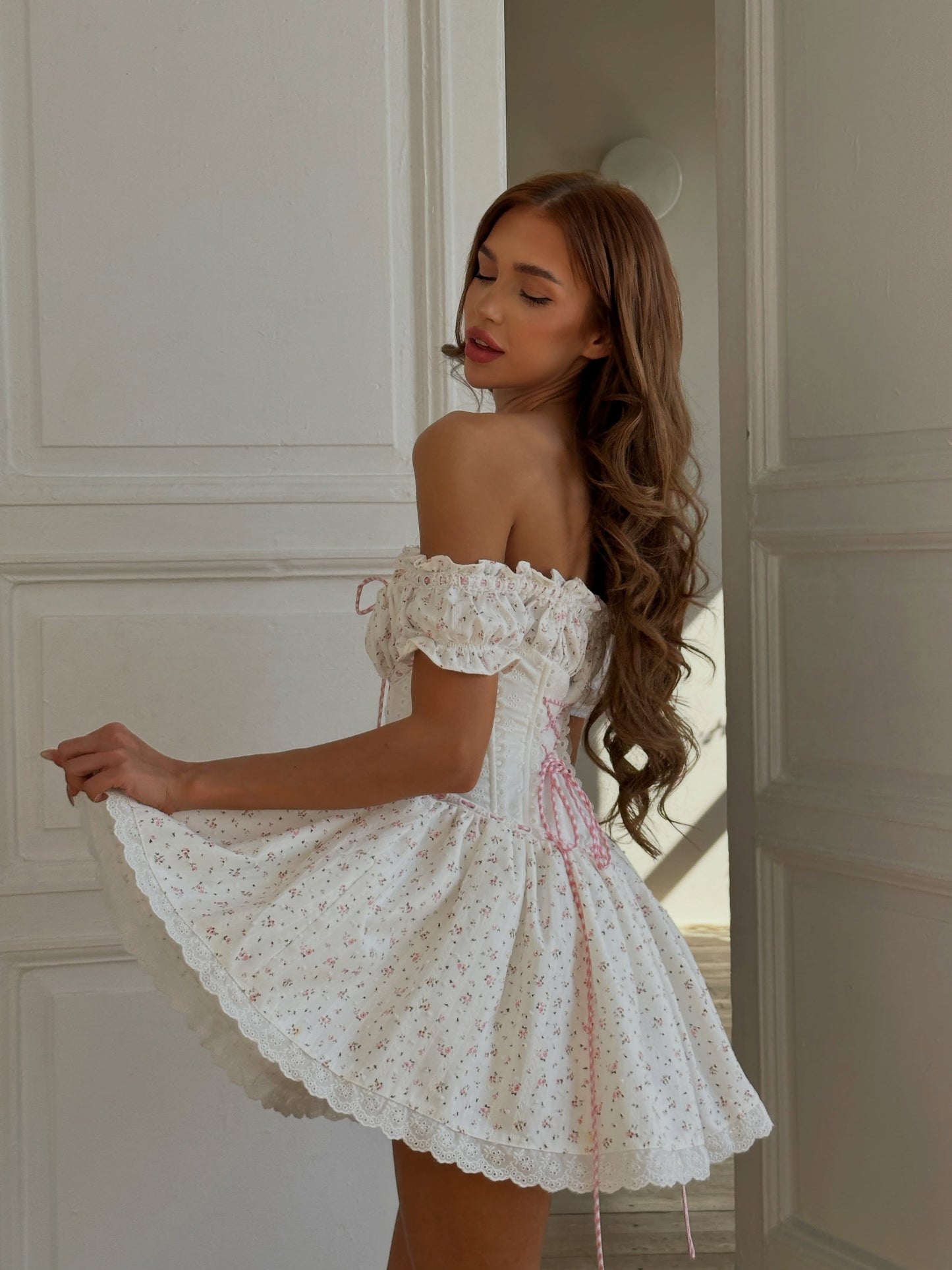 Off-The-Shoulder Corset Floral Mini Dress