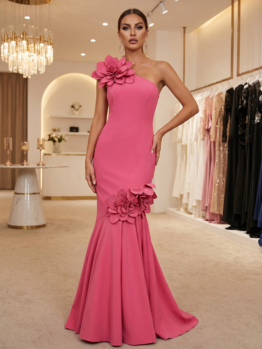 One-Shoulder Mermaid Gown with 3D Floral Details