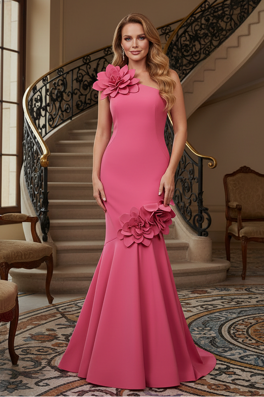 One-Shoulder Mermaid Gown with 3D Floral Details