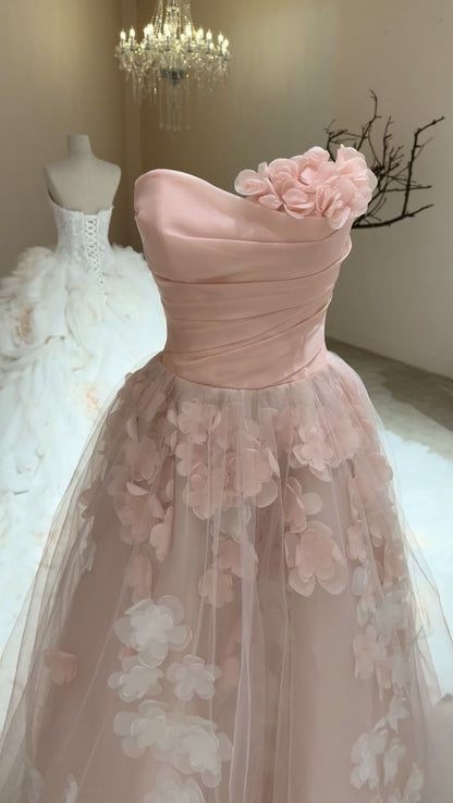 Asymmetric 3D Floral Applique Tulle Gown