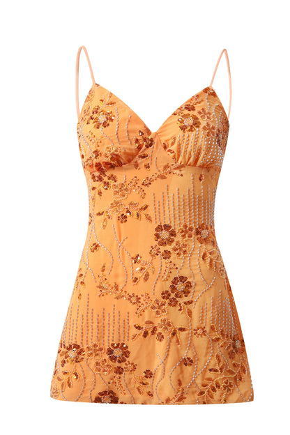 Sequined Floral Beaded Mini Dress with Lace-Up Back